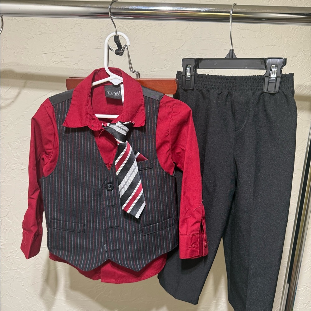 TFW black gray vest and dress pants w/burgundy shirt and clip-on tie Boys 3T